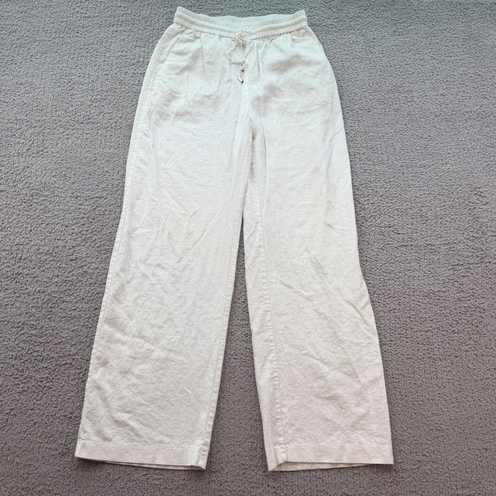 Zara Women Off White Linen Blend Wide Leg Drawstring Pants Size S High Waist